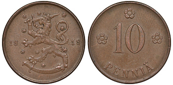 Финляндия 10 пенни 1919 KM 24 медь 45-1134