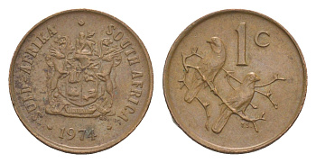 ЮАР 1 цент 1974 герб, капские воробьи KM 82 бронза 4649-548