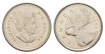 Канада 25 центов 2003 P, Елизавета II (1952-2022), олень KM 493 сталь плакированная никелем aUNC 4631-714