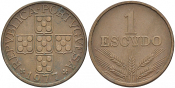 Португалия 1 эскудо 1977 KM 597 бронза 3718-421