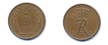 ДАНИЯ 5 ЭРЕ 1963 C; S, ФРЕДЕРИК IX (1947-1972) KM 848.1 бронза 23-243