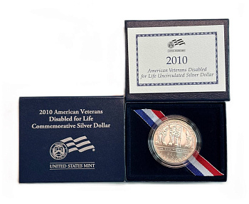 США 1 доллар 2010 W, Инвалиды войны, в оригинальной коробке, с сертификатом KM 479 серебро BU 3-4-10-08