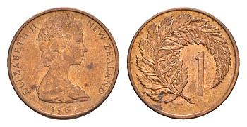 Новая Зеландия 1 цент 1983 Елизавета II (1952-2022), лист папоротника KM 31.1 бронза aUNC 4178-216