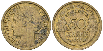 Франция 50 сантимов 1939 тип Morlon KM 894.1, Le Franc 192.15 алюминиевая бронза 261-524