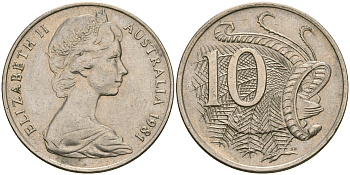 Австралия 10 центов 1981 Елизавета II (1952-), птица лирахвост KM 65 медно-никель 4364-2011