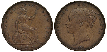Великобритания 1 пенни 1857 Виктория (1837-1901) KM 739, Spink 3948 медь 1523-1332