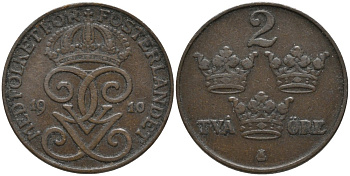 Швеция 2 эре 1910 Густав V (1907-1950) KM 778 бронза 63-1045