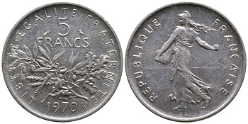 Франция 5 франков 1970 сеятель KM 926a.1, Le Franc 341.2 медно-никель плакированный никелем 4680-115