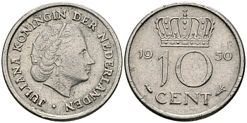 НИДЕРЛАНДЫ 10 ЦЕНТОВ 1950 ЮЛИАНА KM 182 никель 96-452
