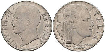 ИТАЛИЯ 20 ЧЕНТЕЗИМО 1942 R, ГОД XX, ВИКТОР ЭММАНУИЛ III (1900-1946), МАГНИТНАЯ, ГУРТ РИФЛЁНЫЙ KM 75b, VEM3. 1029 нержавеющая сталь 3853-445