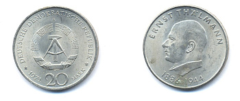 ГДР 20 марок 1971 A, 85 лет со дня рождения Эрнста Тельмана KM 34, J. 1535 медно-никель 3333-512