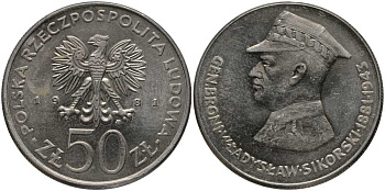 Польша 50 злотых 1981 MW, Военачальники Второй мировой войны - Владислав Сикорский Y 122 медно-никель UNC 180-323