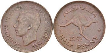 АВСТРАЛИЯ 1/2 ПЕННИ 1952 p, ГЕОРГ VI (1936-1952), КЕНГУРУ KM 42 бронза 4514-834