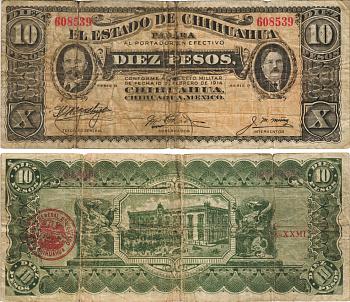 Мексика, Революция 10 песо 1914 штат Чиуауа, без даты, красная круглая печать Pick S533d бумага 6278-66-3