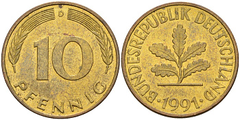 ФРГ 10 пфеннигов 1991 D KM 108, J. 383 сталь плакированная латунью 4175-733