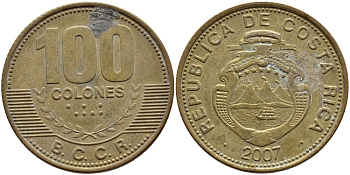 КОСТА-РИКА 100 КОЛОН 2007 B.C.C.R. KM 240а сталь плакированная латунью 59-536