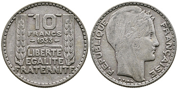 Франция 10 франков 1933 Пьер Тюрен KM 878, Le Franc 360.6 серебро 63-752