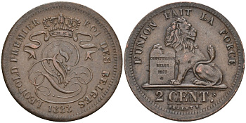 Бельгия 2 сантима 1833 Belges KM 4.1 медь 443-1513