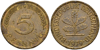 ФРГ 5 пфеннигов 1979 D KM 107, J.382 сталь плакированная латунью 4115-967