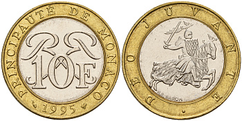 Монако 10 франков 1995 Ренье III (1949-2005) KM 163 биметалл    4601-831