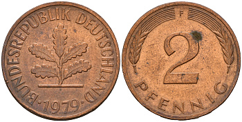 ФРГ 2 пфеннига 1979 F J.381a, KM 106a сталь плакированная медью    4598-843