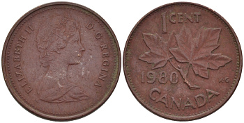 Канада 1 цент 1980 Елизавета II (1952-2022), кленовый лист KM 127 бронза 75-1114