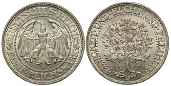 Германия 5 марок 1927 D - Дуб. Единство, справедливость, свобода, цена по каталогу МТ 600 евро J. 331, KM 56 серебро UNC 00-804-08