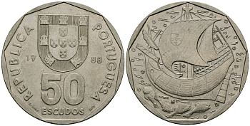 Португалия 50 эскудо 1988 парусник KM 636 медно-никель 4111-1046