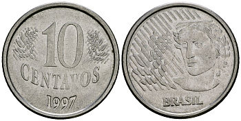 Бразилия 10 сентаво 1997 голова свободы KM 633 нержавеющая сталь 4167-253