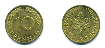 ФРГ 10 ПФЕННИГОВ 1983 F KM 108, J.383 сталь плакированная латунью 46-1417