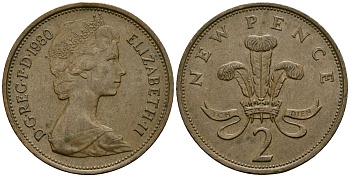 Великобритания 2 пенса 1980 Елизавета II (1952-2022) KM 916, Spink 4235 (C1) бронза 4138-753