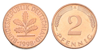 Германия 2 пфеннига 1998 A, в запайке KM 106a, J.381a сталь плакированная медью PROOF 4116-1035