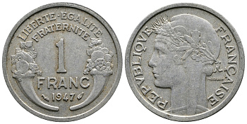 ФРАНЦИЯ 1 ФРАНК 1947 KM 885а.1 алюминий 83-1934