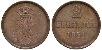 Ганновер 2 пфеннига 1851 B, Эрнст Август (1837-1851) KM 202.1, AKS 124, J. 75 медь 75-1955