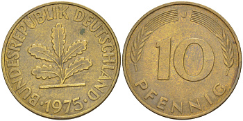 ФРГ 10 ПФЕННИГОВ 1975 J KM 108, J. 383 сталь плакированная латунью 4182-844