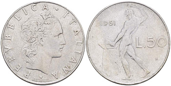 ИТАЛИЯ 50 ЛИР 1961 R, КУЗНЕЦ, ВУЛКАН БОГ ОГНЯ, ДИАМЕТР 25 ММ. KM 95.1 нержавеющая сталь 4448-315
