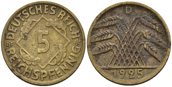 Германия 5 рейхспфеннигов 1925 D KM 39, J. 316 алюминиевая бронза 4151-724