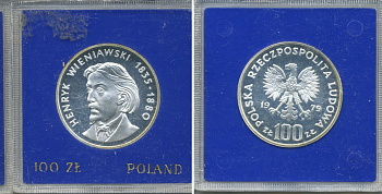 Польша 100 злотых 1979 MW, Генрик Венявский (1835-1880), в оригинальной пластиковой упаковке KM 98, Parchimowicz 284 серебро PROOF 1069-1-41