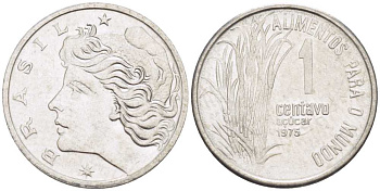 Бразилия 1 сентаво 1975 FAO, сахарный тростник KM 585 нержавеющая сталь 66-238
