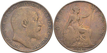 Великобритания 1 пенни 1908 Эдуард VII (1901-1910) KM 794.2, Spink 3990 бронза 111-714