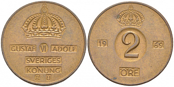 Швеция 2 эре 1969 U Густав VI Адольф (1950-1973) KM 821 бронза 112-1034