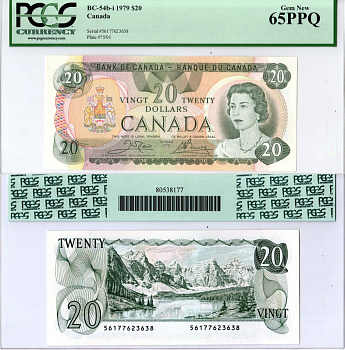Канада 20 долларов 1979 в холдере компании PCGS. Сохранность -65, королева Елизавета II (1952-2022), Озеро Морейн, Скалистые горы (Альберта) Pick 93 b бумага 452-3-16