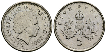 Великобритания 5 пенсов 2001 Елизавета II (1952-2022) KM 988, Spink 4670 (D5) медно-никель 4173-764