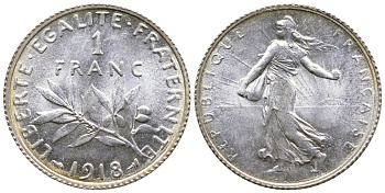 Франция 1 франк 1918 сеятель KM 844.1, Le Franc 217.24 серебро UNC 259-731