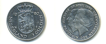 Нидерланды 1 гульден 1980 на коронацию Беатрикс, 30 апреля 1980 KM 200 никель 83-822