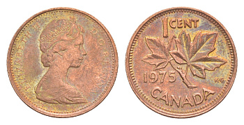 Канада 1 цент 1975 Елизавета II (1952-2022), кленовый лист KM 59 бронза 4639-345