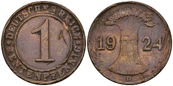 Германия 1 рентенпфенниг 1924 D KM 30 бронза 4549-825