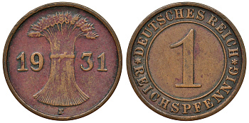 Германия 1 рейхспфенниг 1931 E KM 37, J. 313 бронза 4124-123
