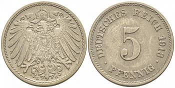 ГЕРМАНИЯ 5 ПФЕННИГОВ 1913 G, KM 11, J. 12 медно-никель 3996-1127
