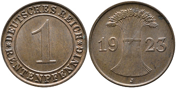 ГЕРМАНИЯ 1 РЕНТЕНПФЕННИГ 1923 J KM 30, J. 306 бронза UNC 413-2531